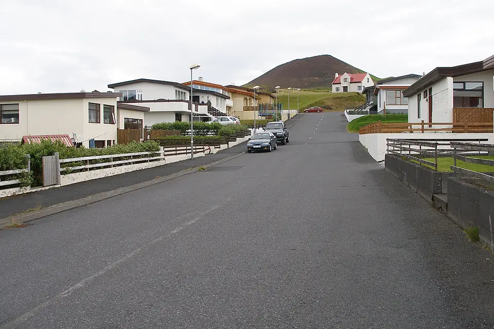 Heimaey street and volcano