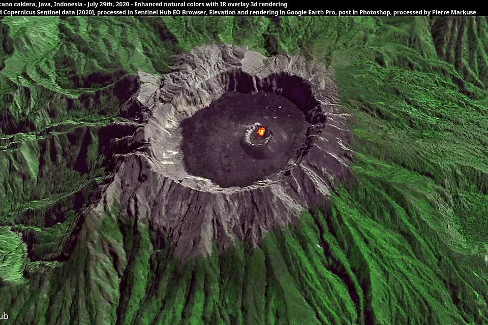 Mount Raung volcano caldera, Java, Indonesia - July 29th, 2020 - Enhanced natural colors with IR overlay 3d rendering (50169133928)
