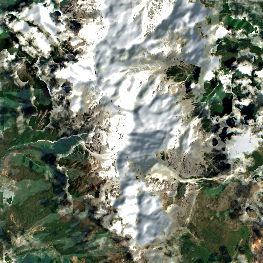 Jade Dragon Snow Mountain seen from above (Sentinel-2)
