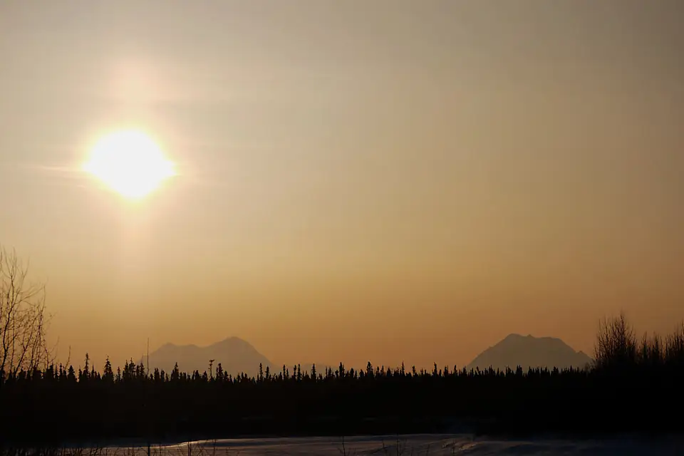 Denali and Mount Foraker from Kuskokwim River