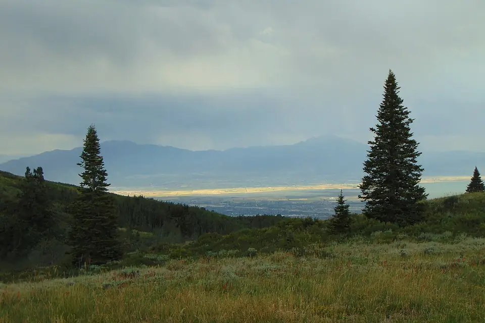 Across a meadow on Mount Timpanogos at UTah Valley and Oquirrh Mountains, Aug 17