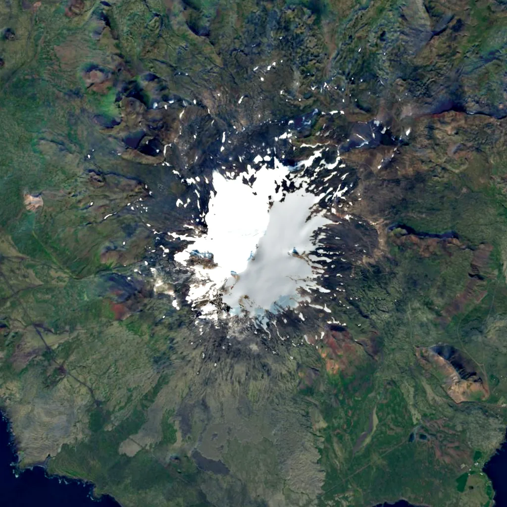 Snæfellsjökull seen from above (Sentinel-2)