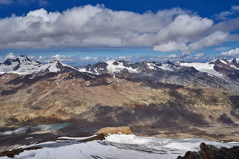 20180730 Blick von der Fineilspitze zu Weißkugel und Kesselwandferner, Ötztaler Alpen (06362)